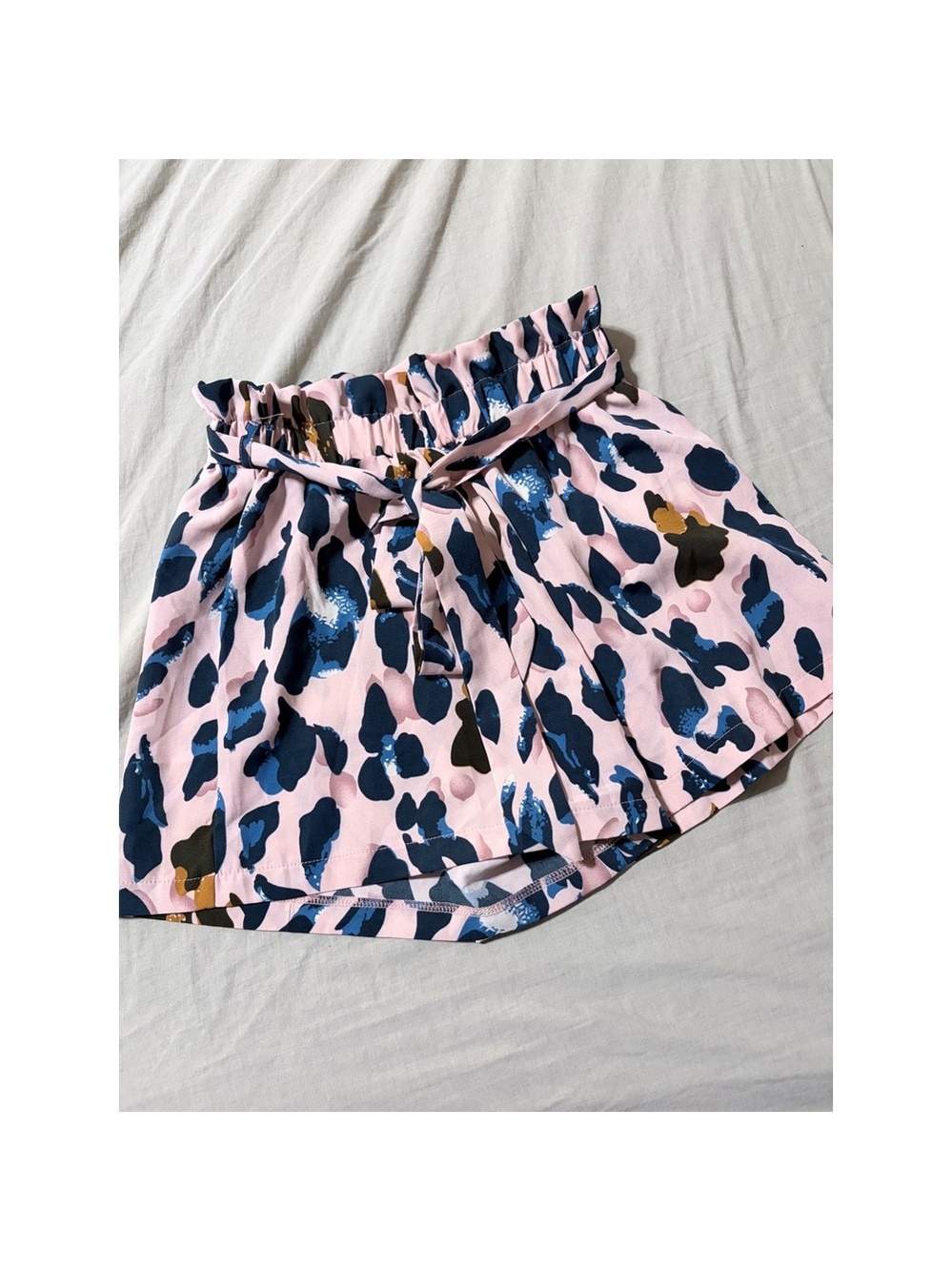 Pink Blue Abstract Floral Leopard Paperbag Waist Shorts with Tie Belt Pockets